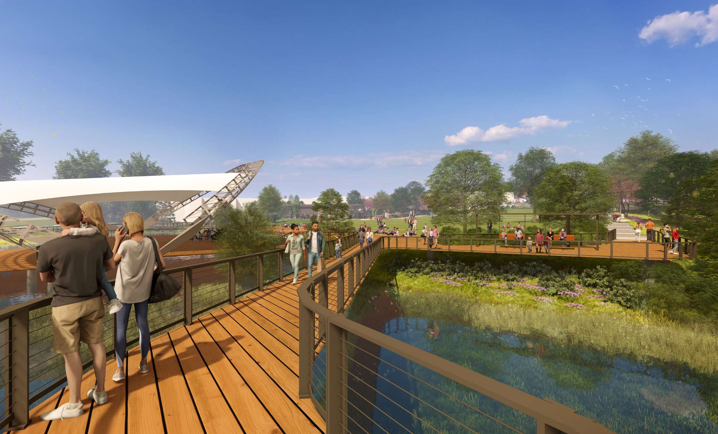 Rendering of the Symphony Park boardwalk extending over the wetland and pond area