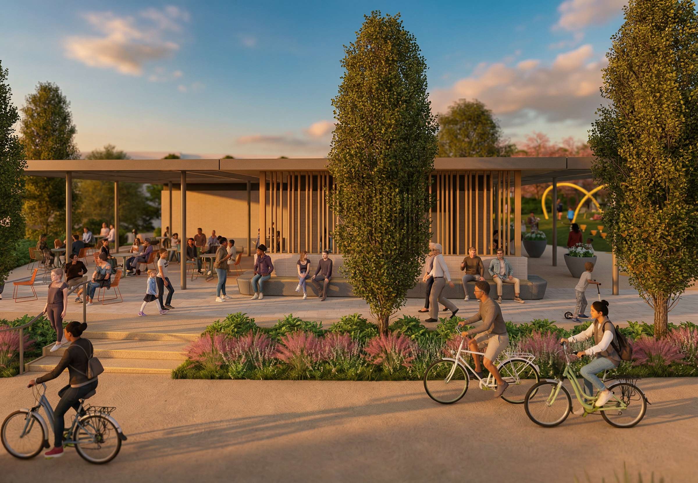 Rendering of the Symphony Park building's front view with a tall shade tree and open plaza